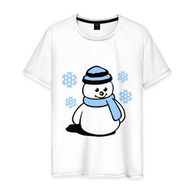 Мужская футболка хлопок с принтом Снеговик в Санкт-Петербурге, 100% хлопок | прямой крой, круглый вырез горловины, длина до линии бедер, слегка спущенное плечо. | зима | новый год | снег | снеговик | снежинки | шарф