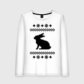 Женский лонгслив хлопок с принтом Свитер с зайцем в Санкт-Петербурге, 100% хлопок |  | заяц | свитер | свитер с зайцем | снежинки | узор