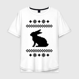 Мужская футболка хлопок Oversize с принтом Свитер с зайцем в Санкт-Петербурге, 100% хлопок | свободный крой, круглый ворот, “спинка” длиннее передней части | заяц | свитер | свитер с зайцем | снежинки | узор