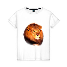 Женская футболка хлопок с принтом Лев в Санкт-Петербурге, 100% хлопок | прямой крой, круглый вырез горловины, длина до линии бедер, слегка спущенное плечо | animals | lion | mountain | животные | лев | прикольные картинки