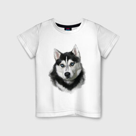 Детская футболка хлопок с принтом Хаски в Санкт-Петербурге, 100% хлопок | круглый вырез горловины, полуприлегающий силуэт, длина до линии бедер | Тематика изображения на принте: animals | dog | mountain | животные | прикольные картинки | собака | хаски
