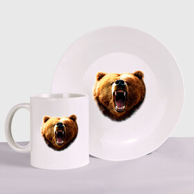 Набор: тарелка + кружка с принтом Медведь в Санкт-Петербурге, керамика | Кружка: объем — 330 мл, диаметр — 80 мм. Принт наносится на бока кружки, можно сделать два разных изображения. 
Тарелка: диаметр - 210 мм, диаметр для нанесения принта - 120 мм. | animals | bear | mountain | животные | медведь | прикольные картинки
