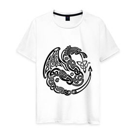Мужская футболка хлопок с принтом Кельтский дракон в Санкт-Петербурге, 100% хлопок | прямой крой, круглый вырез горловины, длина до линии бедер, слегка спущенное плечо. | вязь | дракон | кельтский | кельты | трайбл | узор