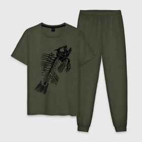 Мужская пижама хлопок с принтом Рыбий скелет в Санкт-Петербурге, 100% хлопок | брюки и футболка прямого кроя, без карманов, на брюках мягкая резинка на поясе и по низу штанин
 | скелет