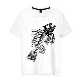 Мужская футболка хлопок с принтом Рыбий скелет в Санкт-Петербурге, 100% хлопок | прямой крой, круглый вырез горловины, длина до линии бедер, слегка спущенное плечо. | скелет