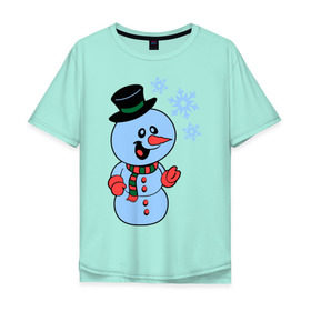 Мужская футболка хлопок Oversize с принтом Снеговик и снежинки в Санкт-Петербурге, 100% хлопок | свободный крой, круглый ворот, “спинка” длиннее передней части | новый год | снег | снеговик | снеговик и снежинки | снежинка | снежинки