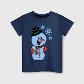 Детская футболка хлопок с принтом Снеговик и снежинки в Санкт-Петербурге, 100% хлопок | круглый вырез горловины, полуприлегающий силуэт, длина до линии бедер | новый год | снег | снеговик | снеговик и снежинки | снежинка | снежинки