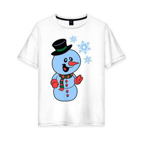 Женская футболка хлопок Oversize с принтом Снеговик и снежинки в Санкт-Петербурге, 100% хлопок | свободный крой, круглый ворот, спущенный рукав, длина до линии бедер
 | новый год | снег | снеговик | снеговик и снежинки | снежинка | снежинки