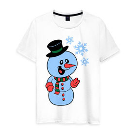 Мужская футболка хлопок с принтом Снеговик и снежинки в Санкт-Петербурге, 100% хлопок | прямой крой, круглый вырез горловины, длина до линии бедер, слегка спущенное плечо. | Тематика изображения на принте: новый год | снег | снеговик | снеговик и снежинки | снежинка | снежинки