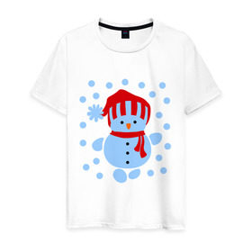 Мужская футболка хлопок с принтом Снеговик и снегопад в Санкт-Петербурге, 100% хлопок | прямой крой, круглый вырез горловины, длина до линии бедер, слегка спущенное плечо. | новый год | подарок | снег | снеговик | снеговичок | снежок