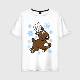 Женская футболка хлопок Oversize с принтом Олень и снежинки. в Санкт-Петербурге, 100% хлопок | свободный крой, круглый ворот, спущенный рукав, длина до линии бедер
 | новогодние подарки | новый год | олененок | олень | подарок на новый год | снежинки