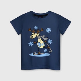 Детская футболка хлопок с принтом Олень на лыжах. в Санкт-Петербурге, 100% хлопок | круглый вырез горловины, полуприлегающий силуэт, длина до линии бедер | лыжи | новогодние подарки | новый год | олененок | олень | подарок на новый год