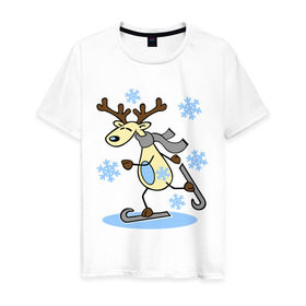 Мужская футболка хлопок с принтом Олень на лыжах. в Санкт-Петербурге, 100% хлопок | прямой крой, круглый вырез горловины, длина до линии бедер, слегка спущенное плечо. | лыжи | новогодние подарки | новый год | олененок | олень | подарок на новый год