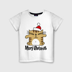 Детская футболка хлопок с принтом Квадратный кот в Санкт-Петербурге, 100% хлопок | круглый вырез горловины, полуприлегающий силуэт, длина до линии бедер | merry christmas | кот | новогодний колпак | новогодний подарок | новый год | с новым годом
