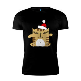 Мужская футболка премиум с принтом Квадратный кот в Санкт-Петербурге, 92% хлопок, 8% лайкра | приталенный силуэт, круглый вырез ворота, длина до линии бедра, короткий рукав | merry christmas | кот | новогодний колпак | новогодний подарок | новый год | с новым годом