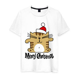 Мужская футболка хлопок с принтом Квадратный кот в Санкт-Петербурге, 100% хлопок | прямой крой, круглый вырез горловины, длина до линии бедер, слегка спущенное плечо. | merry christmas | кот | новогодний колпак | новогодний подарок | новый год | с новым годом
