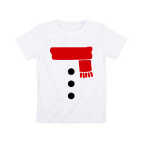 Детская футболка хлопок с принтом Снеговик, пуговицы и шарф в Санкт-Петербурге, 100% хлопок | круглый вырез горловины, полуприлегающий силуэт, длина до линии бедер | новогодние подарки | новогодний подарок | новый год | снег | снеговик | шарф