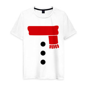 Мужская футболка хлопок с принтом Снеговик, пуговицы и шарф в Санкт-Петербурге, 100% хлопок | прямой крой, круглый вырез горловины, длина до линии бедер, слегка спущенное плечо. | новогодние подарки | новогодний подарок | новый год | снег | снеговик | шарф