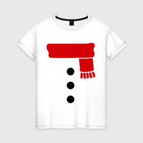 Женская футболка хлопок с принтом Снеговик, пуговицы и шарф в Санкт-Петербурге, 100% хлопок | прямой крой, круглый вырез горловины, длина до линии бедер, слегка спущенное плечо | новогодние подарки | новогодний подарок | новый год | снег | снеговик | шарф