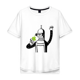 Мужская футболка хлопок Oversize с принтом Бендер и яблоко в Санкт-Петербурге, 100% хлопок | свободный крой, круглый ворот, “спинка” длиннее передней части | Тематика изображения на принте: bender | futurama fans | futurama t shirt | newtop | robot | toplanding | uturama | бендер | бендер и яблоко | выше нос | мультики | мультфильмы | робот | фрукт | футурама