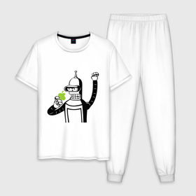 Мужская пижама хлопок с принтом Бендер и яблоко в Санкт-Петербурге, 100% хлопок | брюки и футболка прямого кроя, без карманов, на брюках мягкая резинка на поясе и по низу штанин
 | bender | futurama fans | futurama t shirt | newtop | robot | toplanding | uturama | бендер | бендер и яблоко | выше нос | мультики | мультфильмы | робот | фрукт | футурама