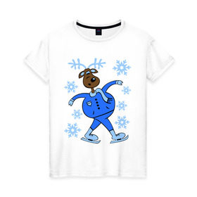 Женская футболка хлопок с принтом Олень на коньках в Санкт-Петербурге, 100% хлопок | прямой крой, круглый вырез горловины, длина до линии бедер, слегка спущенное плечо | коньки | новогодний подарок | олень | олень и снег | олень на коньках | с новым годом | снежинки