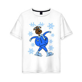 Женская футболка хлопок Oversize с принтом Олень на коньках в Санкт-Петербурге, 100% хлопок | свободный крой, круглый ворот, спущенный рукав, длина до линии бедер
 | коньки | новогодний подарок | олень | олень и снег | олень на коньках | с новым годом | снежинки