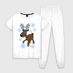 Женская пижама хлопок с принтом Олень и снег в Санкт-Петербурге, 100% хлопок | брюки и футболка прямого кроя, без карманов, на брюках мягкая резинка на поясе и по низу штанин | 2014 год | новогодний подарок | новый год | олень | олень и снег | с новым годом | снег | снежинки