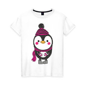 Женская футболка хлопок с принтом Пингвин в валенках в Санкт-Петербурге, 100% хлопок | прямой крой, круглый вырез горловины, длина до линии бедер, слегка спущенное плечо | merry christmas | в шапке | валенки | новогодний подарки | новый год | пингвиненок | пингвинчик | с новым годом | шапка | шарф