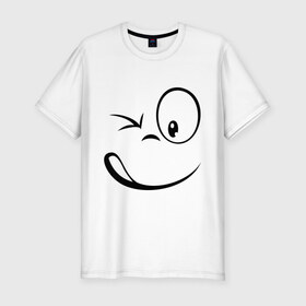 Мужская футболка премиум с принтом Смайл подмигивает в Санкт-Петербурге, 92% хлопок, 8% лайкра | приталенный силуэт, круглый вырез ворота, длина до линии бедра, короткий рукав | глаз | лицо | подмигивает | смайл | смайлик | упс | шок
