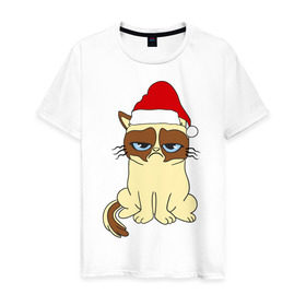 Мужская футболка хлопок с принтом Угрюмый новогодний кот в Санкт-Петербурге, 100% хлопок | прямой крой, круглый вырез горловины, длина до линии бедер, слегка спущенное плечо. | кот | котик | котя | новый год | новый год 2014 | угрюмый новогодний кот