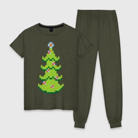 Женская пижама хлопок с принтом Пиксельная елка в Санкт-Петербурге, 100% хлопок | брюки и футболка прямого кроя, без карманов, на брюках мягкая резинка на поясе и по низу штанин | 8 bit | елочка | ель | новогодняя елка | пиксели | пиксельный | с новым годом | с рождеством