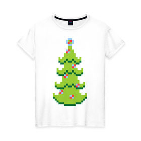 Женская футболка хлопок с принтом Пиксельная елка в Санкт-Петербурге, 100% хлопок | прямой крой, круглый вырез горловины, длина до линии бедер, слегка спущенное плечо | 8 bit | елочка | ель | новогодняя елка | пиксели | пиксельный | с новым годом | с рождеством