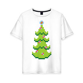Женская футболка хлопок Oversize с принтом Пиксельная елка в Санкт-Петербурге, 100% хлопок | свободный крой, круглый ворот, спущенный рукав, длина до линии бедер
 | 8 bit | елочка | ель | новогодняя елка | пиксели | пиксельный | с новым годом | с рождеством