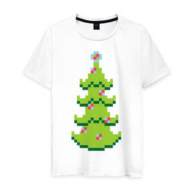 Мужская футболка хлопок с принтом Пиксельная елка в Санкт-Петербурге, 100% хлопок | прямой крой, круглый вырез горловины, длина до линии бедер, слегка спущенное плечо. | 8 bit | елочка | ель | новогодняя елка | пиксели | пиксельный | с новым годом | с рождеством