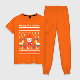 Женская пижама хлопок с принтом Пиксельный узор в Санкт-Петербурге, 100% хлопок | брюки и футболка прямого кроя, без карманов, на брюках мягкая резинка на поясе и по низу штанин | 8 bit | merry christmas | новогодний | новогодняя | олени | орнамент | пиксели | пиксельный узор | подарки | подарок на новый год | рождество | с новым годом | с рождеством | санта клаус