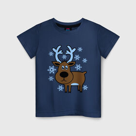 Детская футболка хлопок с принтом Олень и снежинки в Санкт-Петербурге, 100% хлопок | круглый вырез горловины, полуприлегающий силуэт, длина до линии бедер | новогодний подарок | новый год | олень | олень и снижинки | с новым годом | снег | снежинки