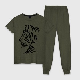 Женская пижама хлопок с принтом Тигр тату в Санкт-Петербурге, 100% хлопок | брюки и футболка прямого кроя, без карманов, на брюках мягкая резинка на поясе и по низу штанин | татуировки
