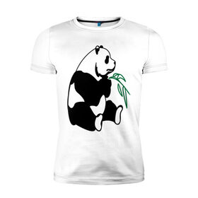 Мужская футболка премиум с принтом Панда и бамбук в Санкт-Петербурге, 92% хлопок, 8% лайкра | приталенный силуэт, круглый вырез ворота, длина до линии бедра, короткий рукав | Тематика изображения на принте: бамбук | животные | панда ест бамбук | панда и бамбук
