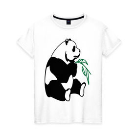 Женская футболка хлопок с принтом Панда и бамбук в Санкт-Петербурге, 100% хлопок | прямой крой, круглый вырез горловины, длина до линии бедер, слегка спущенное плечо | бамбук | животные | панда ест бамбук | панда и бамбук