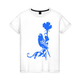 Женская футболка хлопок с принтом Птичка на цветочке в Санкт-Петербурге, 100% хлопок | прямой крой, круглый вырез горловины, длина до линии бедер, слегка спущенное плечо | птичка | птичка на цветочке | птичка поет | сад | соловей