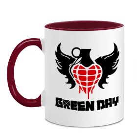 Кружка двухцветная с принтом Green Day Wings в Санкт-Петербурге, керамика | объем — 330 мл, диаметр — 80 мм. Цветная ручка и кайма сверху, в некоторых цветах — вся внутренняя часть | Тематика изображения на принте: green day | green day wings | green day граната | heavy metal | metal | rock | trash metal | альтернатива | граната | грин дэй | квартет | метал | рок | рок группа | рок группы | трэш метал | хеви метал