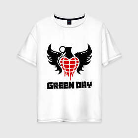Женская футболка хлопок Oversize с принтом Green Day Wings в Санкт-Петербурге, 100% хлопок | свободный крой, круглый ворот, спущенный рукав, длина до линии бедер
 | Тематика изображения на принте: green day | green day wings | green day граната | heavy metal | metal | rock | trash metal | альтернатива | граната | грин дэй | квартет | метал | рок | рок группа | рок группы | трэш метал | хеви метал