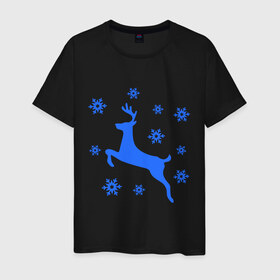 Мужская футболка хлопок с принтом Олень и снежинки в Санкт-Петербурге, 100% хлопок | прямой крой, круглый вырез горловины, длина до линии бедер, слегка спущенное плечо. | олень и снежинки | праздник | снежинки
