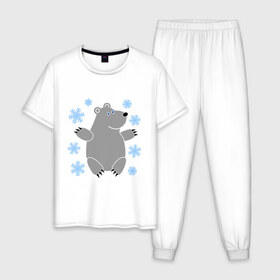 Мужская пижама хлопок с принтом Белый мишка в Санкт-Петербурге, 100% хлопок | брюки и футболка прямого кроя, без карманов, на брюках мягкая резинка на поясе и по низу штанин
 | белый медведь | белый мишка | животные | мишка с в снежинках | новогодний мишка | новый год