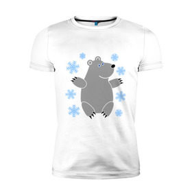Мужская футболка премиум с принтом Белый мишка в Санкт-Петербурге, 92% хлопок, 8% лайкра | приталенный силуэт, круглый вырез ворота, длина до линии бедра, короткий рукав | белый медведь | белый мишка | животные | мишка с в снежинках | новогодний мишка | новый год