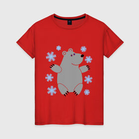 Женская футболка хлопок с принтом Белый мишка в Санкт-Петербурге, 100% хлопок | прямой крой, круглый вырез горловины, длина до линии бедер, слегка спущенное плечо | белый медведь | белый мишка | животные | мишка с в снежинках | новогодний мишка | новый год