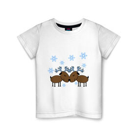 Детская футболка хлопок с принтом Влюбленные олени в Санкт-Петербурге, 100% хлопок | круглый вырез горловины, полуприлегающий силуэт, длина до линии бедер | влюбленные олени | новый год | олени | снежинки