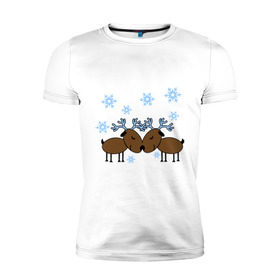 Мужская футболка премиум с принтом Влюбленные олени в Санкт-Петербурге, 92% хлопок, 8% лайкра | приталенный силуэт, круглый вырез ворота, длина до линии бедра, короткий рукав | влюбленные олени | новый год | олени | снежинки
