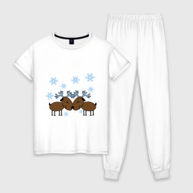 Женская пижама хлопок с принтом Влюбленные олени в Санкт-Петербурге, 100% хлопок | брюки и футболка прямого кроя, без карманов, на брюках мягкая резинка на поясе и по низу штанин | влюбленные олени | новый год | олени | снежинки